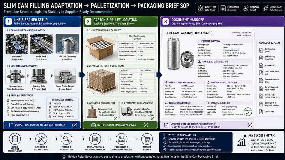 Workflow diagram showing slim beverage can filling line adjustment pallet stability checks and technical packaging brief template