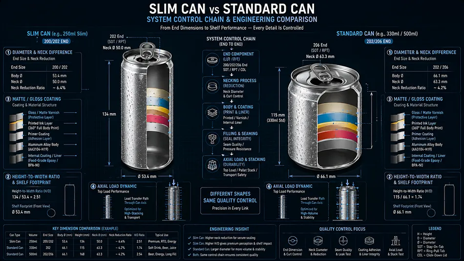 Technical diagram comparing slim aluminum beverage can and standard can structural system including body neck lid end and volumetric height differences