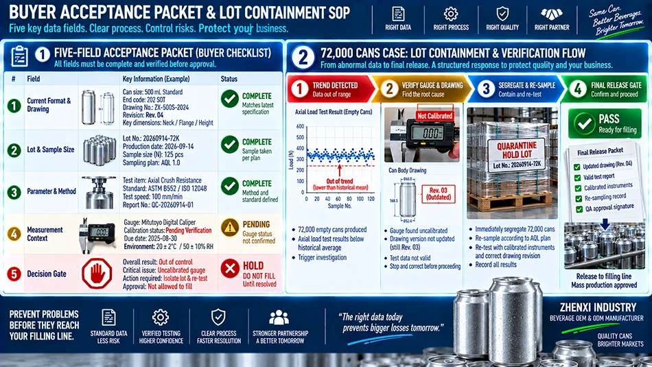 B2B quality control dashboard showing a 5-field acceptance packet and 72000 empty can lot hold workflow