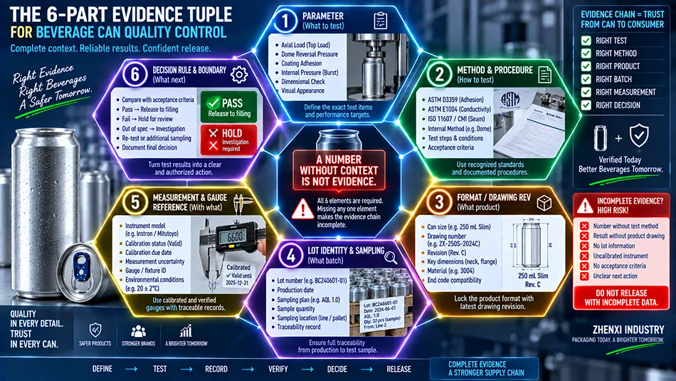 Infographic displaying the 6-part evidence tuple for aluminum can test results including parameter, method, drawing, lot, gauge, and decision rule