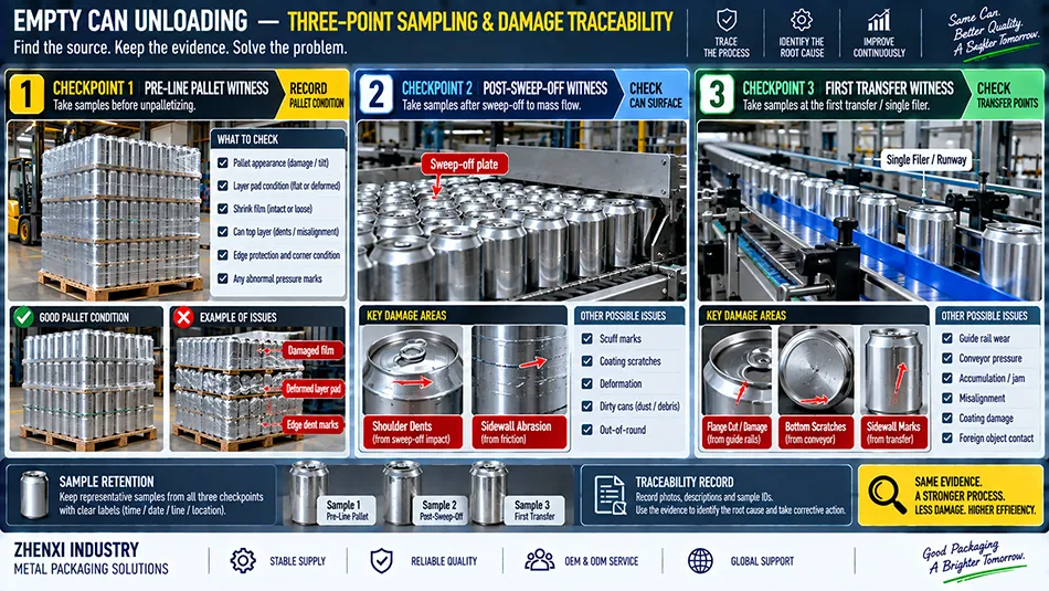 Inspection flowchart showing three-point witness sampling for empty aluminum beverage cans at pallet arrival sweep-off and first transfer