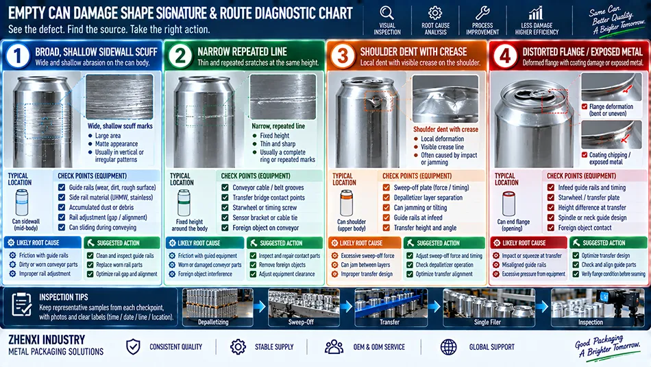 Visual guide mapping aluminum beverage can damage shapes to suspect conveyor line stations including scuffs creases and flange defects