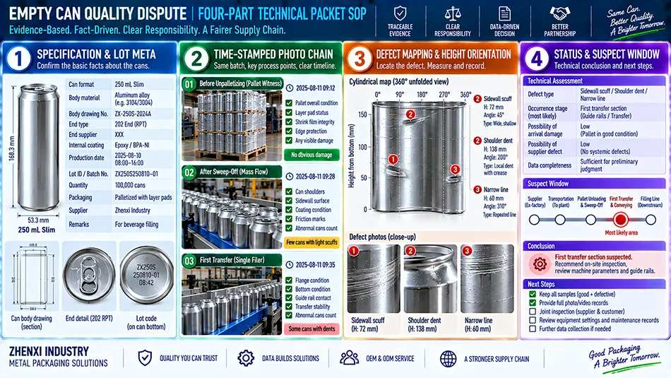 Technical documentation checklist for empty packaging can suppliers showing pallet photos timestamps location maps and specification references