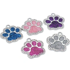 Hot Selling Lovely Paw Shape Pet Dog Tags Luxury Glitter Diamond Alloy Custom Engraving Laser ID DIY Dog Cat Name Tag