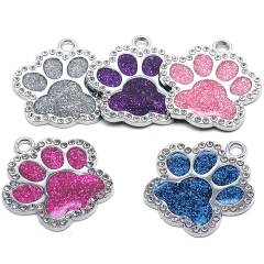 Hot Selling Lovely Paw Shape Pet Dog Tags Luxury Glitter Diamond Alloy Custom Engraving Laser ID DIY Dog Cat Name Tag