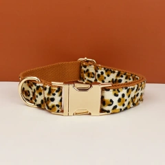 New Arrival Customized Designer Logo Leopard Print on Brown Base Soft Cotton Dog Collar Leashes Harness Poo Bag Holder Animal 01