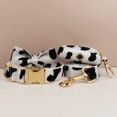 New Arrival Customized Designer Logo Gray lattice on Soft Cotton Dog Collar Leashes Harness Poo Bag Holder Bow Set Animal 06