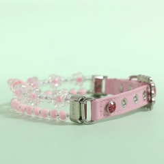 Pet Beads Collar With PU Leather Pink Dog Leash Built in Wire Rope Durable Dog Collar Leash Set for Cats Small Dogs Pet Accessor