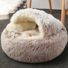 Cat Bed Round Cat Nest Puppy Cave Long Plush Pet Bed Warm Cats Bed 2-In-1 Cat Cushion Sleeping Sofa