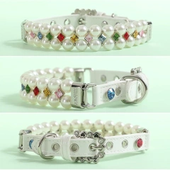 Pet Collar Pet Leash PU Leather Delicate Imitation Pearl Dog Pearl Collars Built in Wire Rope for Dog Cat Collar Chain Leash
