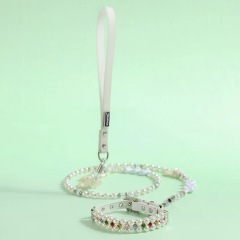 Pet Collar Pet Leash PU Leather Delicate Imitation Pearl Dog Pearl Collars Built in Wire Rope for Dog Cat Collar Chain Leash