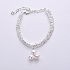 Pearl Silver Chain Pet Cat Necklace Zircon Decorate Puppy Collar Accessories Rose Gold Adjustable French Bulldog Neck Collar