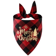 Sucado Dog Christmas Gifts Bandana Classic Buffalo Plaid with Golden Merry Christmas Pattern Accessories Triangle Scarf