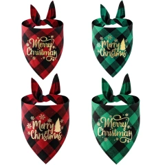 Sucado Dog Christmas Gifts Bandana Classic Buffalo Plaid with Golden Merry Christmas Pattern Accessories Triangle Scarf