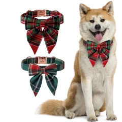 Dog and Cat Collar with Detachable Bowtie British Style Grid Collar Metal Buckle Adjustable Collars for Small Medium Large Dogs