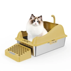 Fashion Cute Stainless Steel Cat Kitty Box With Lid, High Walls Enclosed, Non-Stick, Leak-Proof & Effortless Cleaning