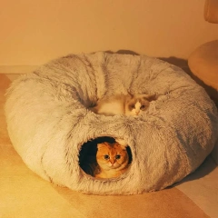 Plush Warm Cat Bed with Tunnel for Indoor Cats Collapsible Donut Cat Playing Sleeping Cave Non-slip Kitten Nest Pet Supplies
