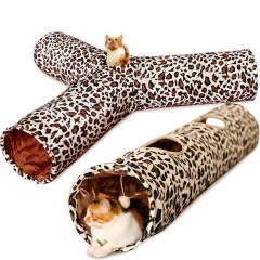 Pet Tunnel 3 Holes Leopard Crinkle Kitten Play Toy with Ball Collapsible Tunnel Tube for Small Medium and Large Cats Rabbit