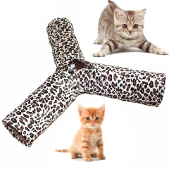 Pet Tunnel 3 Holes Leopard Crinkle Kitten Play Toy with Ball Collapsible Tunnel Tube for Small Medium and Large Cats Rabbit