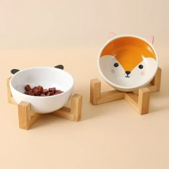 Pets Bowl Dog Cat Food Water Feeder Puppy Ceramic Drinking Dish Bowl With Wooden Rack Pet Cat Tableware