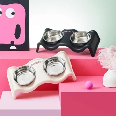 A rattle pet double bowl colorful fashion large capacity stainless steel dog bowl anti-tip feeding water pet double bowl indoor