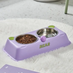 Factory Direct Raised Anti-slip Non-spill Stainless Steel Pet Cat Dog Food and Water Feeding Double Bowls with Resin tray
