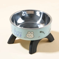 A cartoon printed high-legged pet bowl, large-capacity stainless steel dog bowl, neck-protecting cat bowl, universal fashion and