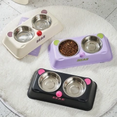 Factory Direct Raised Anti-slip Non-spill Stainless Steel Pet Cat Dog Food and Water Feeding Double Bowls with Resin tray