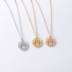 Laser Cute Dog Paw Round Disc Pendant Necklace Stainless Steel Chain Necklace For Women's Men's Gifts Jewelry