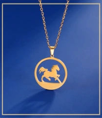 Skyrim Stainless Steel Running Horse Round Pendant Necklace Women Girls Neck Chain Fashion Jewelry Birthday Gift for Horse Lover