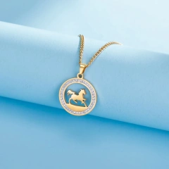 Skyrim Stainless Steel Running Horse Round Pendant Necklace Women Girls Neck Chain Fashion Jewelry Birthday Gift for Horse Lover