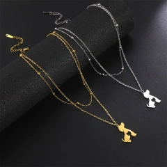 Hollow Cat Dog Pendant Necklace Double Layer Chains Choker Cute Animal Kitten Women's Necklace Stainless Steel Jewelry Wholesale