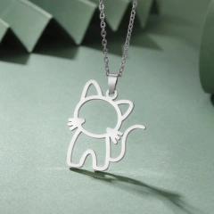 Fishhook Cute Cat Necklace for Men Woman Kid Child Animal Family Chain Hollow Gold Color Stainless Steel Pendant Gift Jewelry