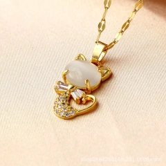 Lovely Cartoon Cat Pendant Necklace with Zircon Inlaid, Titanium Steel Material for Pets and Creative Jewelry Lovers