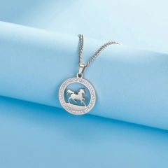 Skyrim Stainless Steel Running Horse Round Pendant Necklace Women Girls Neck Chain Fashion Jewelry Birthday Gift for Horse Lover