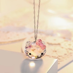 Fashion 925 Silver Crystal Lovely Cat Pendant Chokers Necklace Cute Crystal Silver Chain Girl Children Jewelry Earrings Gift