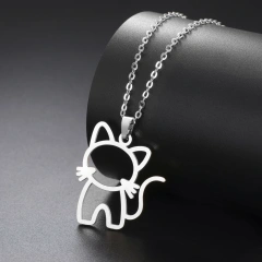 Fishhook Cute Cat Necklace for Men Woman Kid Child Animal Family Chain Hollow Gold Color Stainless Steel Pendant Gift Jewelry