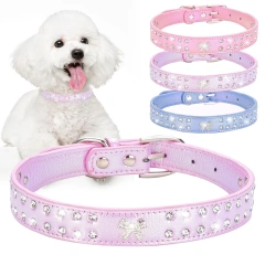 CP615--durable pu pet dog collar,shiny rhinestone decoration collar for small to medium dogs.