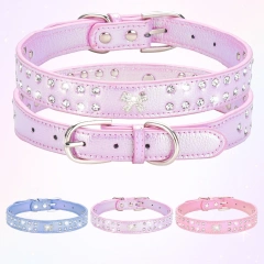 CP615--durable pu pet dog collar,shiny rhinestone decoration collar for small to medium dogs.