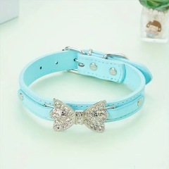 Cat Puppy Bling Collar Rhinestone Bow Tie Adjustable PU Leather Pet Dog Collar