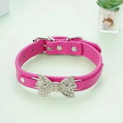 Cat Puppy Bling Collar Rhinestone Bow Tie Adjustable PU Leather Pet Dog Collar