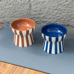 Elevated Striped Ceramic Pet Bowl – Anti-Slip Raised Food and Water Feeder for Cats and Small Dogs, Stylish Non-Tip Design