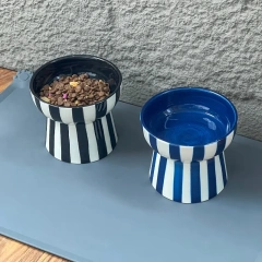 Elevated Striped Ceramic Pet Bowl – Anti-Slip Raised Food and Water Feeder for Cats and Small Dogs, Stylish Non-Tip Design