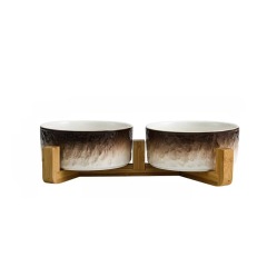 Ceramic Dog Cat Bowl with Wood Stand for Food and Water Elevated Raised Cat Food Bowls