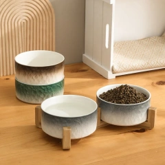 Ceramic Dog Cat Bowl with Wood Stand for Food and Water Elevated Raised Cat Food Bowls