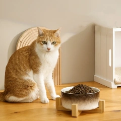 Ceramic Dog Cat Bowl with Wood Stand for Food and Water Elevated Raised Cat Food Bowls