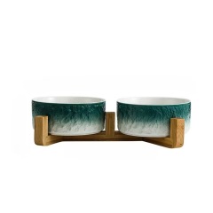 Ceramic Dog Cat Bowl with Wood Stand for Food and Water Elevated Raised Cat Food Bowls
