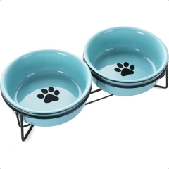 Ceramics Raised Cat Bowls with Heighten Metal Stand15 Ounces Turquoise