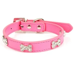 Bling bone Rhinestones Dog Collar pu Leather Adjustable Necklace Pet Dog/cat Collars for Small Medium Dog Pet accessories