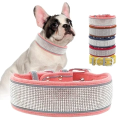 CL202-2D--adjustable suede fabric pet dog collar, rhinestone decoration.
